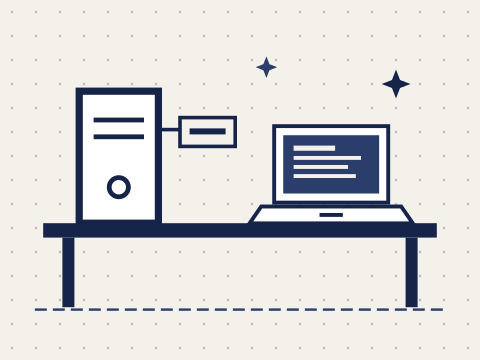 Ilustração de uma bancada com um computador de mesa, uma etiqueta de identificação e um notebook aberto.