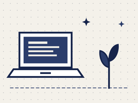 Ilustração de um notebook ao lado de uma planta brotando, representando a máquina antiga com vida nova.
