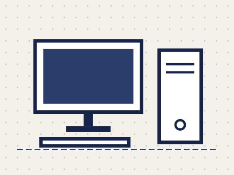 Ilustração de um computador de mesa com monitor, teclado e gabinete.
