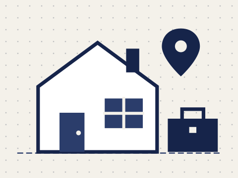 Ilustração de uma casa com um marcador de localização e uma maleta de ferramentas ao lado.