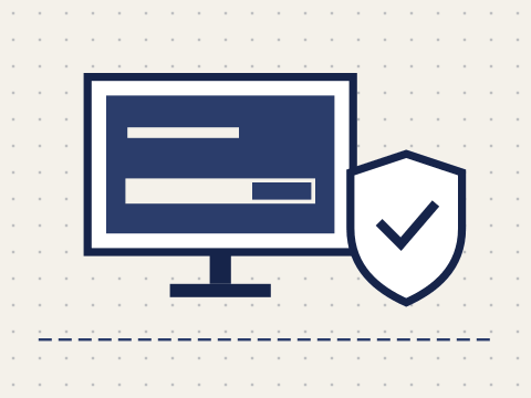 Ilustração de um monitor com uma barra de progresso e um escudo com sinal de confirmado.