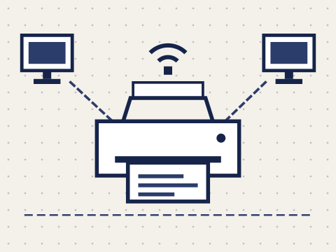 Ilustração de uma impressora com sinal de Wi-Fi ligada a dois computadores.