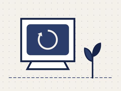 Ilustração de um computador antigo com uma seta circular na tela e um broto de planta ao lado, representando vida nova.