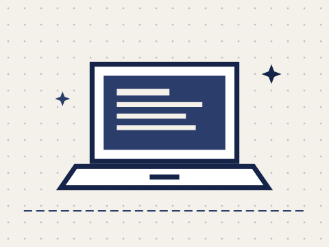 Ilustração de um notebook aberto com texto na tela.