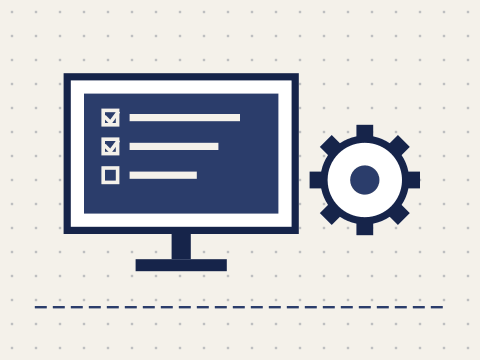 Ilustração de um monitor com uma lista de configuração marcada e uma engrenagem ao lado.