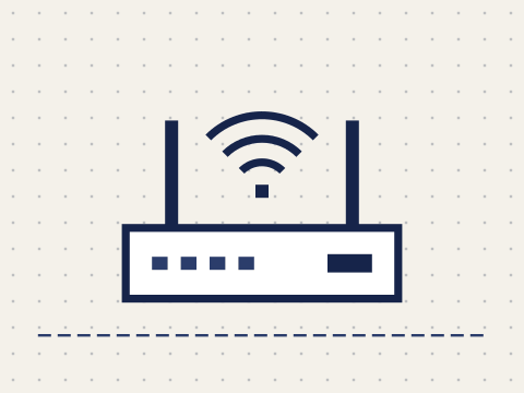 Ilustração de um roteador doméstico com duas antenas e sinal de Wi-Fi.