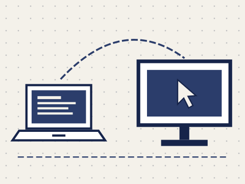 Ilustração de um notebook conectado a outro computador à distância, com o cursor do mouse na tela.