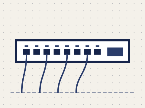 Ilustração de um switch de rede com oito portas e cabos conectados.