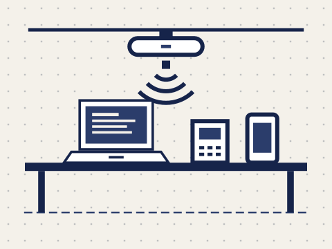 Ilustração de um ponto de acesso Wi-Fi no teto atendendo um balcão com notebook, maquininha de cartão e celular.